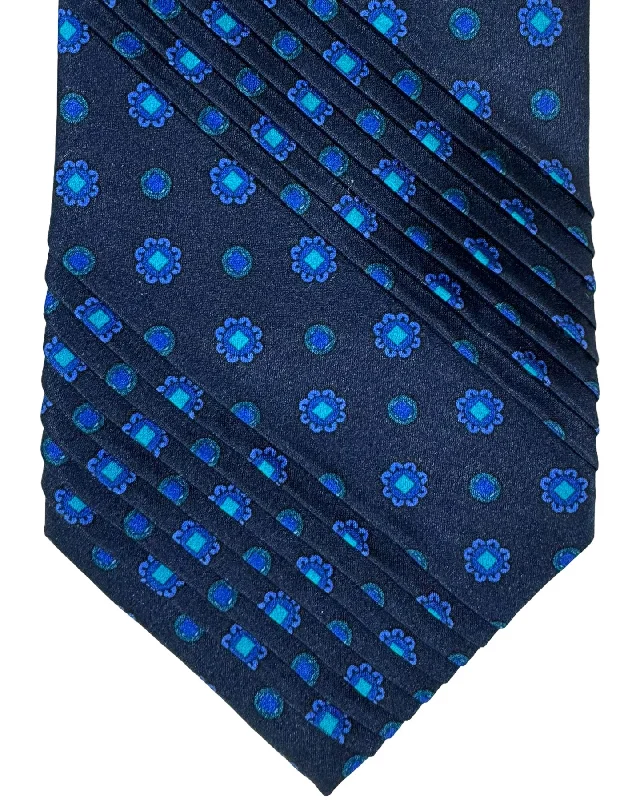 trendy business necktie patterns-Vitaliano Pancaldi Pleated Silk Tie Dark Blue Aqua Mini Medallions