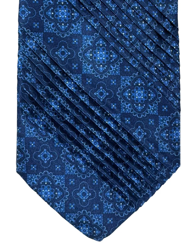 affordable necktie styles-Vitaliano Pancaldi Pleated Silk Tie Dark Blue Blue Medallions