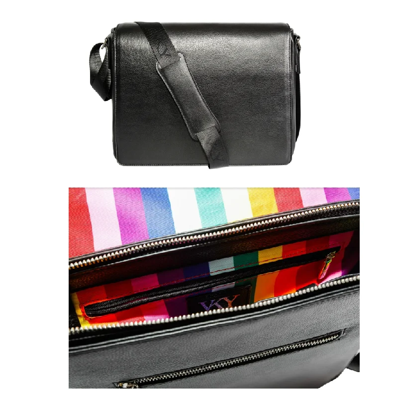 best quality office necktie designs-Vky Konstantine Large Pride Leather Messenger Shoulder Bag Handbag Black Rainbow