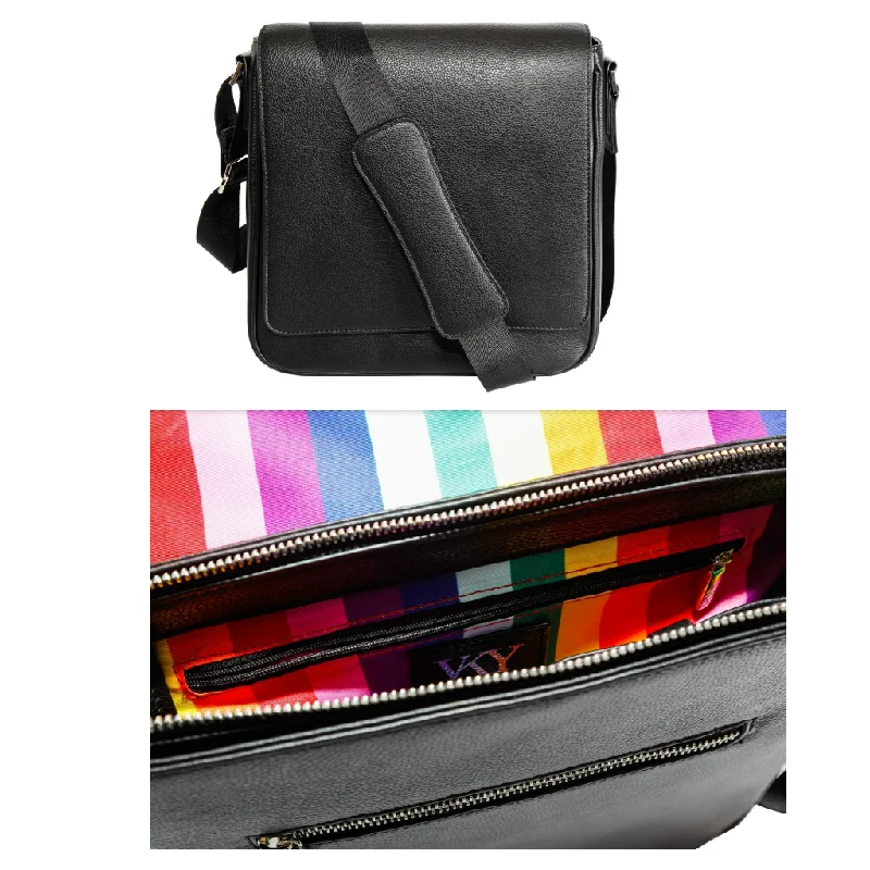 high-end silk tie sets for men-Vky Mateo Pride Leather Messenger Shoulder Bag Handbag Black Rainbow