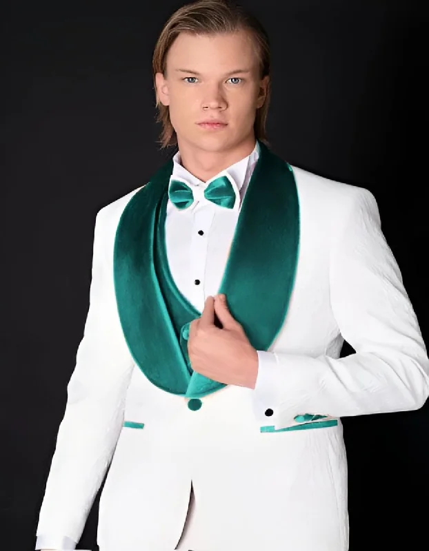 patterned necktie sets-White and Teal Blue Tuxedo - Wedding Groom Suit + Bowtie & Vest