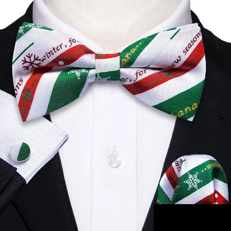 fashionable office neckties for men-White Green Red Striped Men's Pre-tied Christmas Bowtie Hanky Cufflinks Set