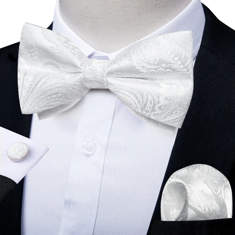 best wedding necktie materials-White Paisley Men's Pre-tied Bowtie Pocket Square Cufflinks Set