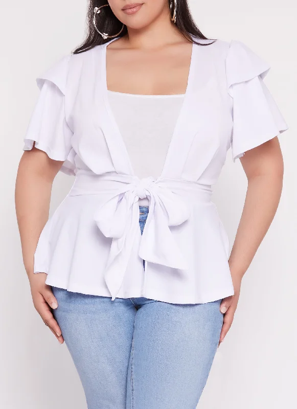 high-end necktie brands-Plus Size Tiered Sleeve Tie Front Peplum Top