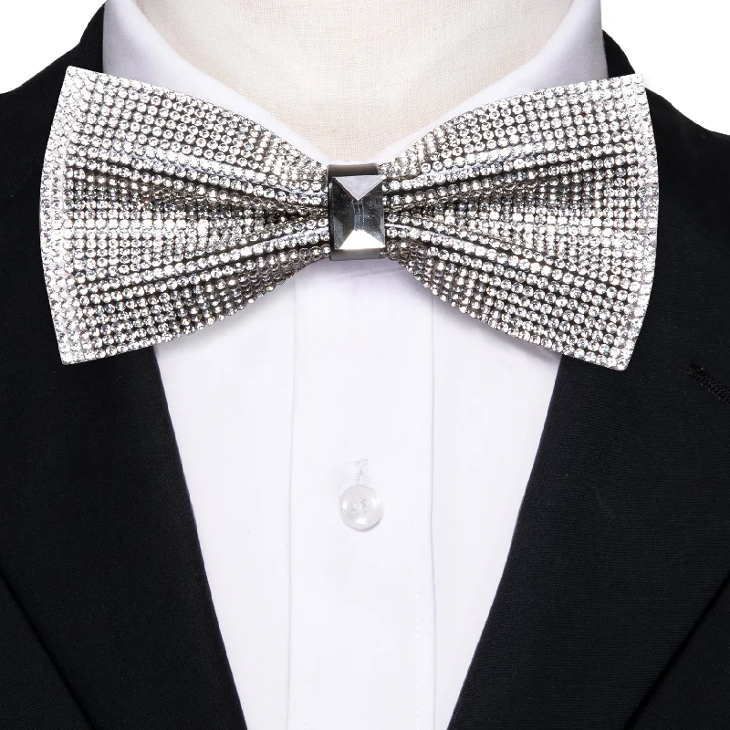 best quality office necktie designs-White Rhinestone Bowtie Men's Pre-tied Bowtie for Party