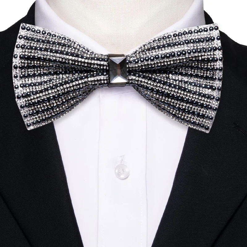 silk neckties for upscale events-White Rhinestone with Black Beads Bowtie Men's Pre-tied Bowtie for Party