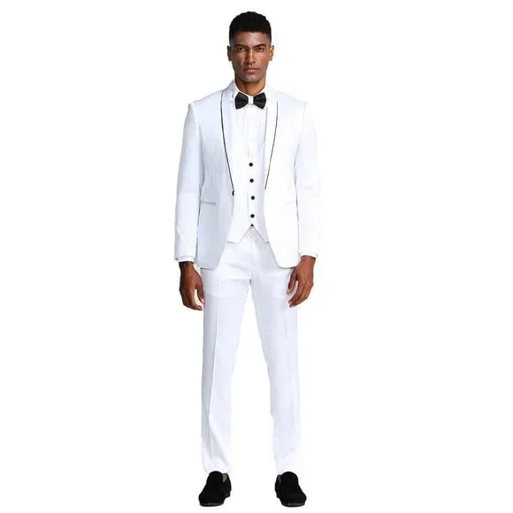 men's office necktie sets-White Tuxedo Suit w/ Bowtie 3-Piece by Tazio