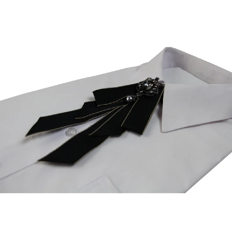 comfortable neckties for office wear-Womens Black Fabric Crystal Pearl Brooch Shirt Collar Bow Tie