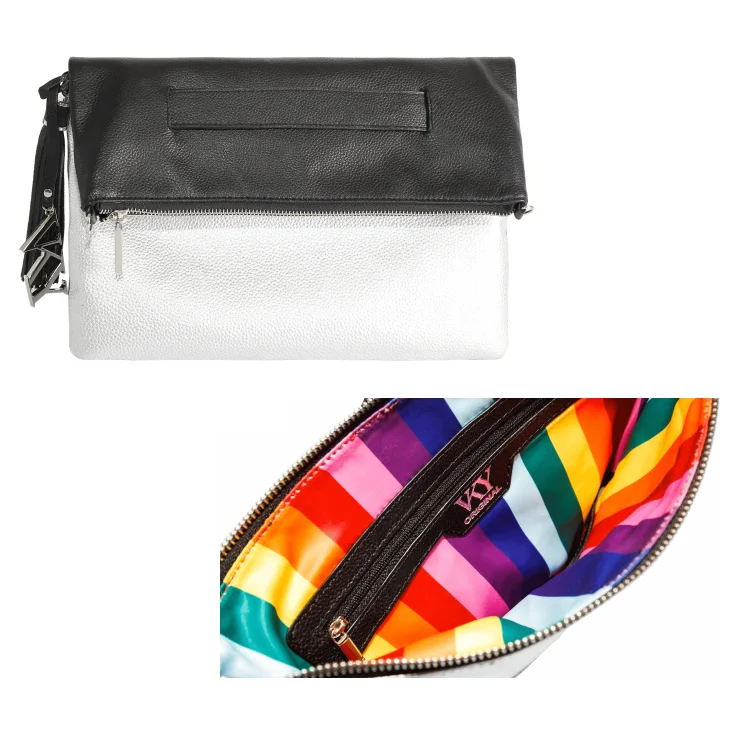 affordable luxury necktie options-Womens Vky Lourve Clutch Leather Bag Handbag Black/Matt Silver Rainbow