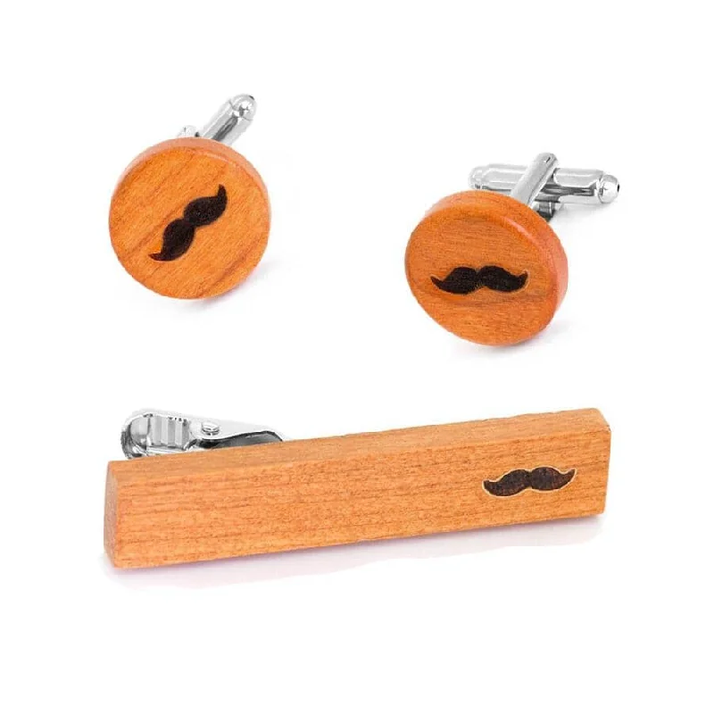 office style neckties-Wood Moustache Cufflinks & Tie Clip Set