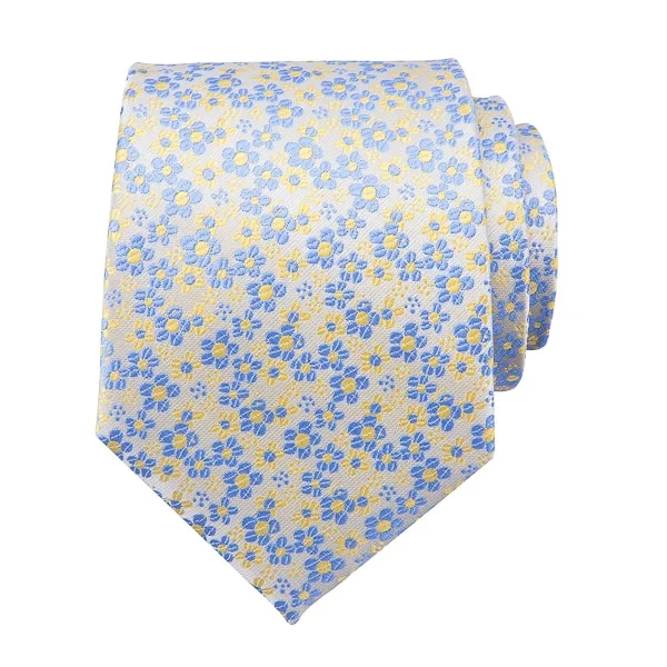 luxury silk necktie styles-Classy Men Yellow Blue Mini Flower Silk Tie