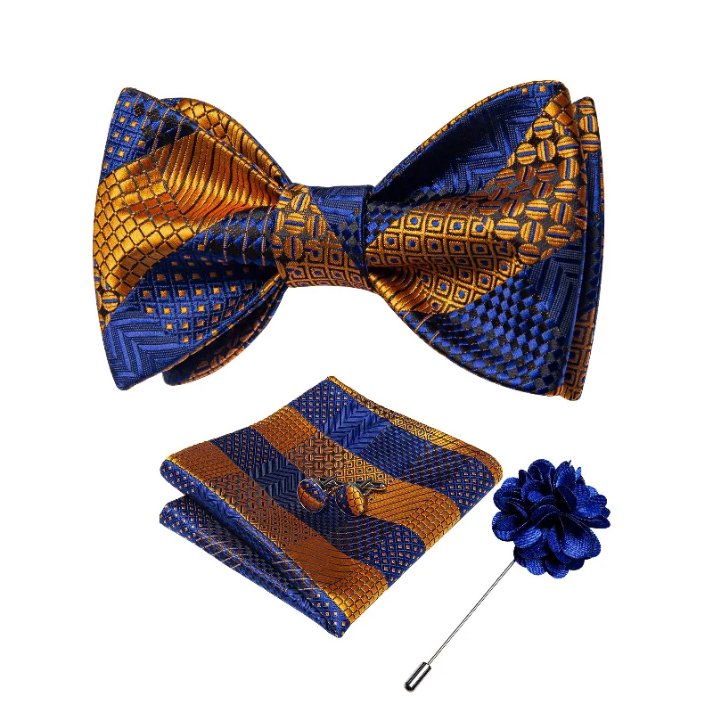 unique silk wedding tie options-Yellow Blue Plaid Self-tied Bow Tie Pocket Square Cufflinks Set with Lapel Pin