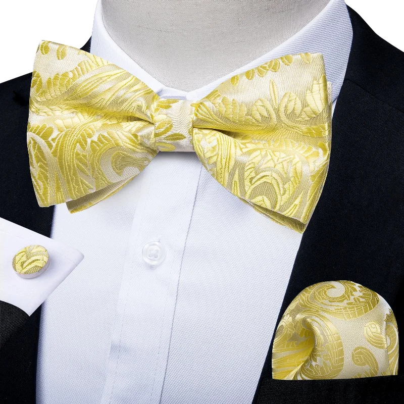 modern wedding neckties-Yellow Floral Silk Pre-tied Bow Tie Hanky Cufflinks Set