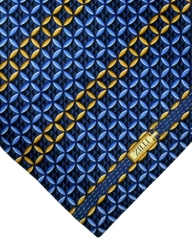 affordable wedding tie sets-Zilli Silk Tie Navy Blue Brown Geometric Stripes Design - Wide Necktie