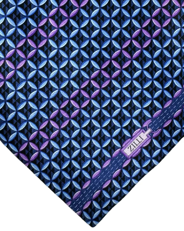 simple necktie styles-Zilli Silk Tie Navy Blue Purple Geometric Stripes Design - Wide Necktie