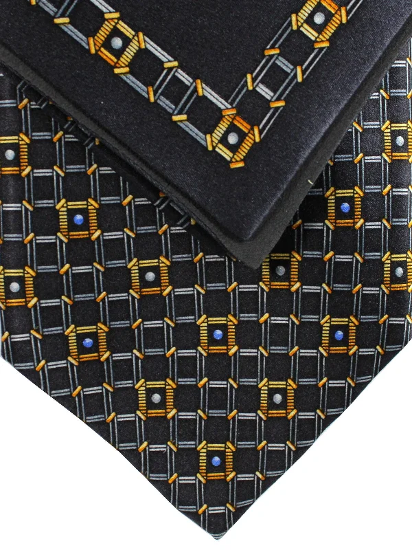 formal wedding tie ideas-Zilli Tie & Matching Pocket Square Set Black Gold Blue Geometric FINAL SALE