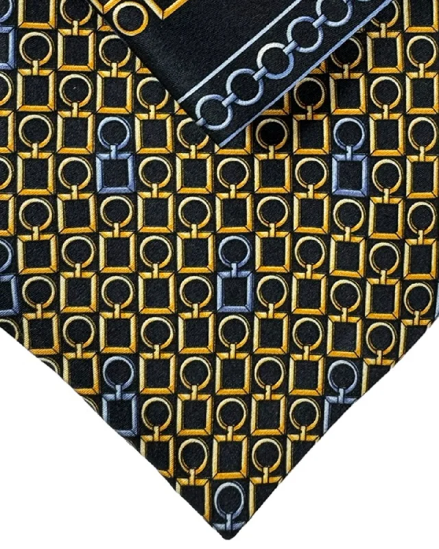 trendy silk necktie combinations-Zilli Tie & Matching Pocket Square Set Black Gold Logo Tag