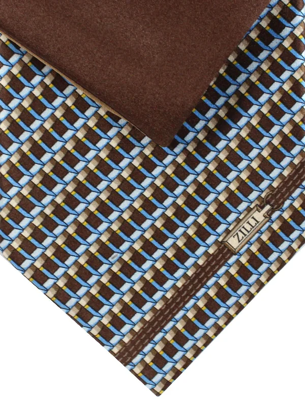 luxury business necktie sets-Zilli Tie & Matching Pocket Square Set Brown Blue Geometric