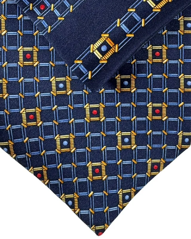 elegant formal office neckties-Zilli Tie & Matching Pocket Square Set Dark Blue Orange Gold Red Geometric