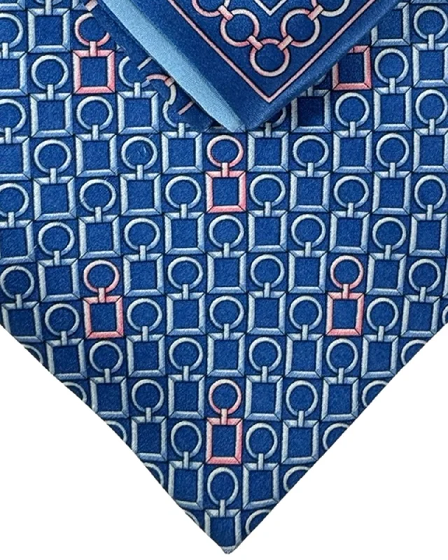 men's designer wedding bow ties-Zilli Tie & Matching Pocket Square Set Dark Blue Pink Logo Tag