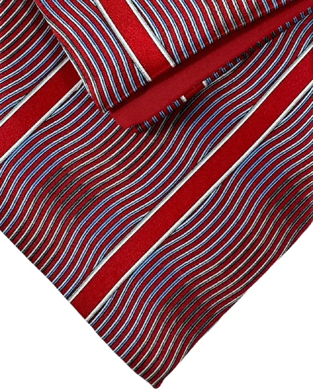 luxury wedding necktie designs-Zilli Tie & Matching Pocket Square Set Dark Red Silver Blue Stripes