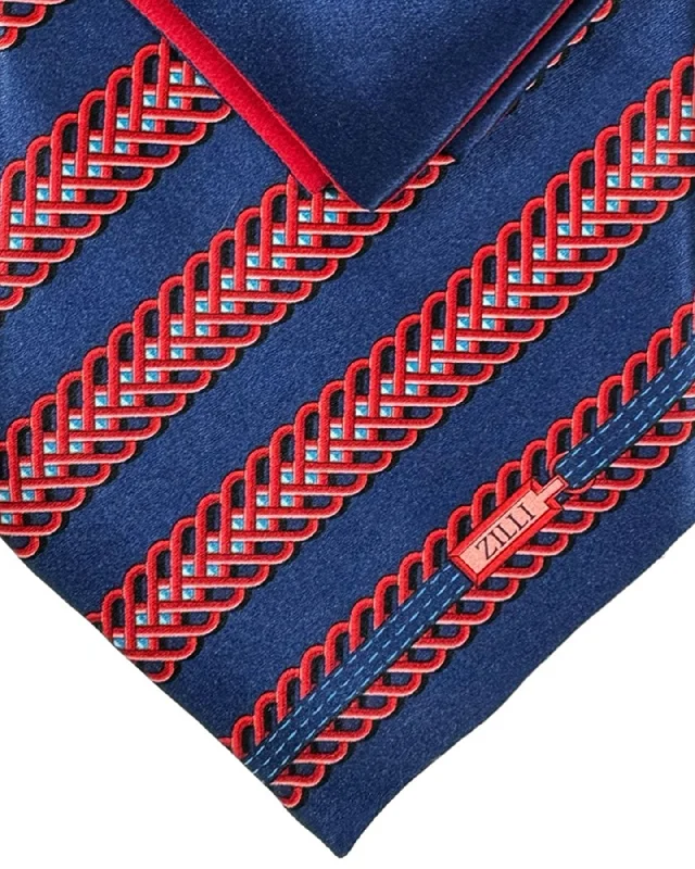 classic business silk bow ties-Zilli Tie & Matching Pocket Square Set Midnight Blue Red Pink Stripes