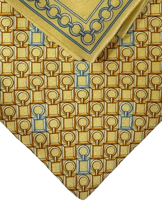 slim-fit bow ties for weddings-Zilli Tie & Matching Pocket Square Set Yellow Gold Logo Tag