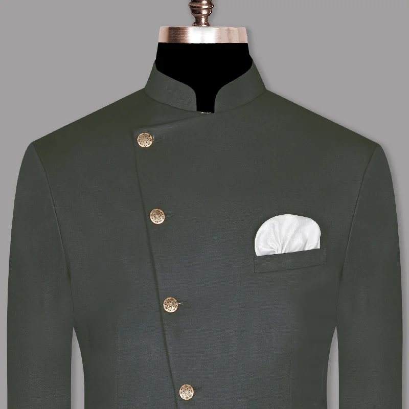 Men's elegant dinner jacket -Anchor Grey Cross Placket Bandhgala/Mandarin Wool-Silk blend Blazer