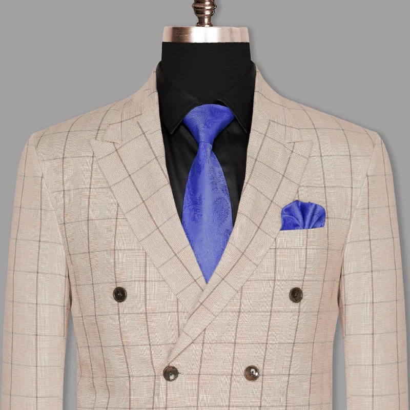 Men's blue formal tuxedo -Beige Windowpane Wool Rich Double Breasted Blazer