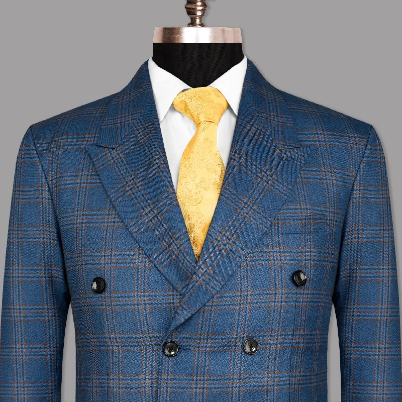 Men's wedding tuxedo rental -Bismarck Blue Plaid Double Breasted Blazer