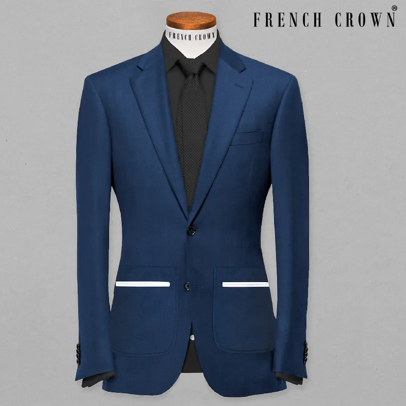 Men's classic navy blue tuxedo -Blue Patch Subtle Sheen Pockets Performance Blazer