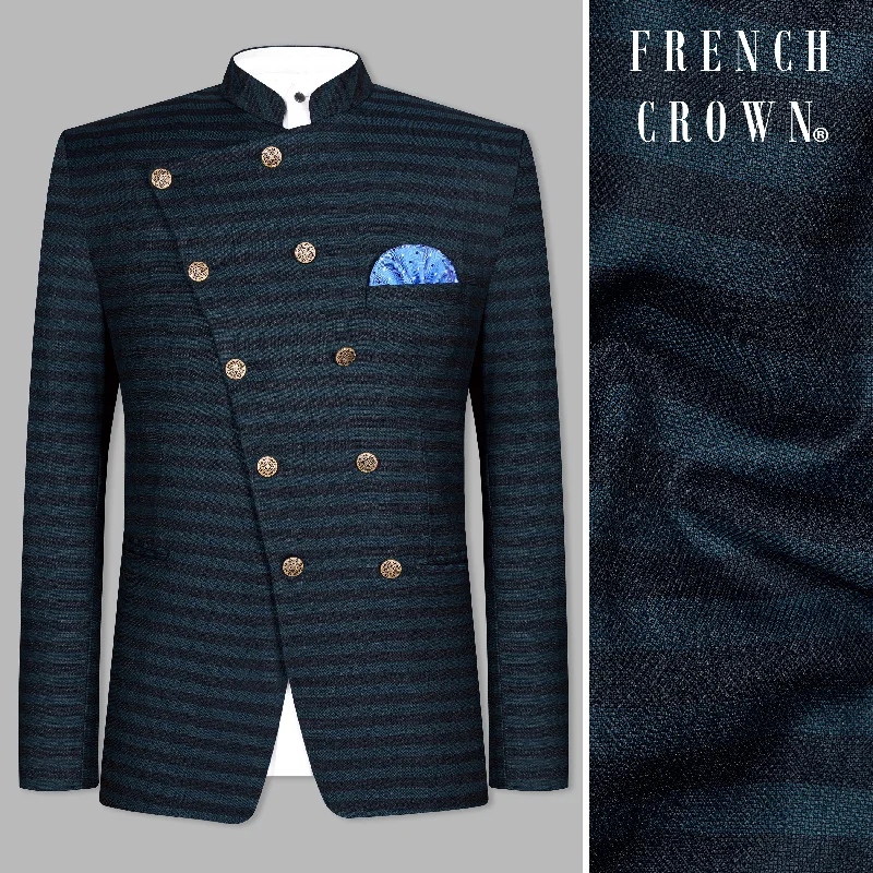 Best wedding tuxedos for groom -Bluish Blue And Jade Black Striped Cross Placket Bandhgala Blazer