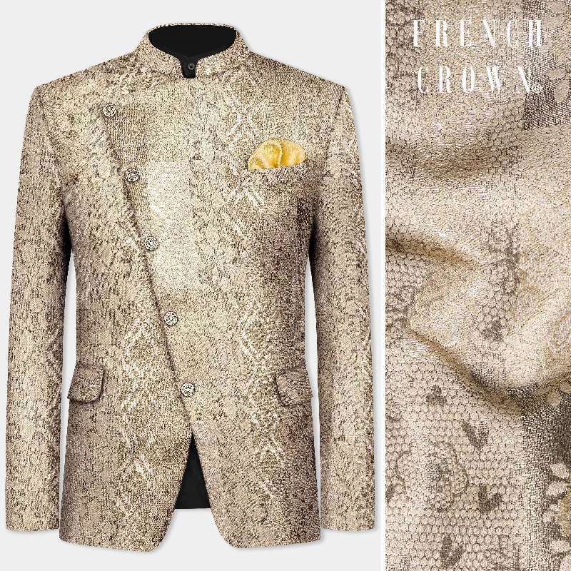 Men's trendy tuxedo jacket -Cashmere and Sandrift Brown Jacquard Floral Weave Cross Placket Bandhgala Jodhpuri