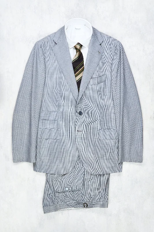 Men's high-end black suit -Cesare Attolini Blue/White Mini Houndstooth Wool Suit