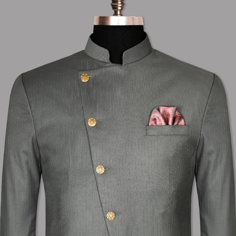 Men's slim fit formal tuxedo -Chicago Gray Subtle Striped Cross Placket Bandhgala/Mandarin Blazer