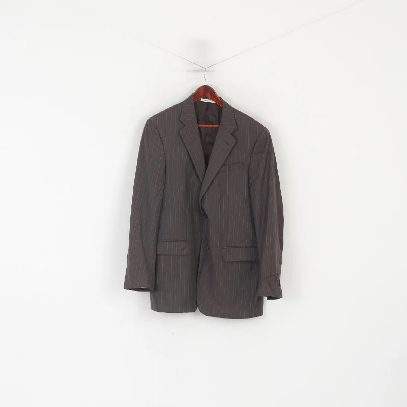 Men's checked formal tuxedo -Kenneth Cole Men 44 Long Blazer Brown Wool Soft Striped Single Breasted Jacket