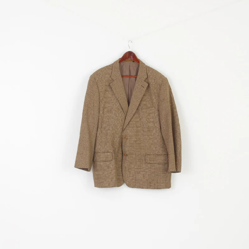 Men's formal wool suit for wedding -Marks & Spencer Italian Soft Men 50 Blazer Brown Check Silk Wool Blend Italy Jacket