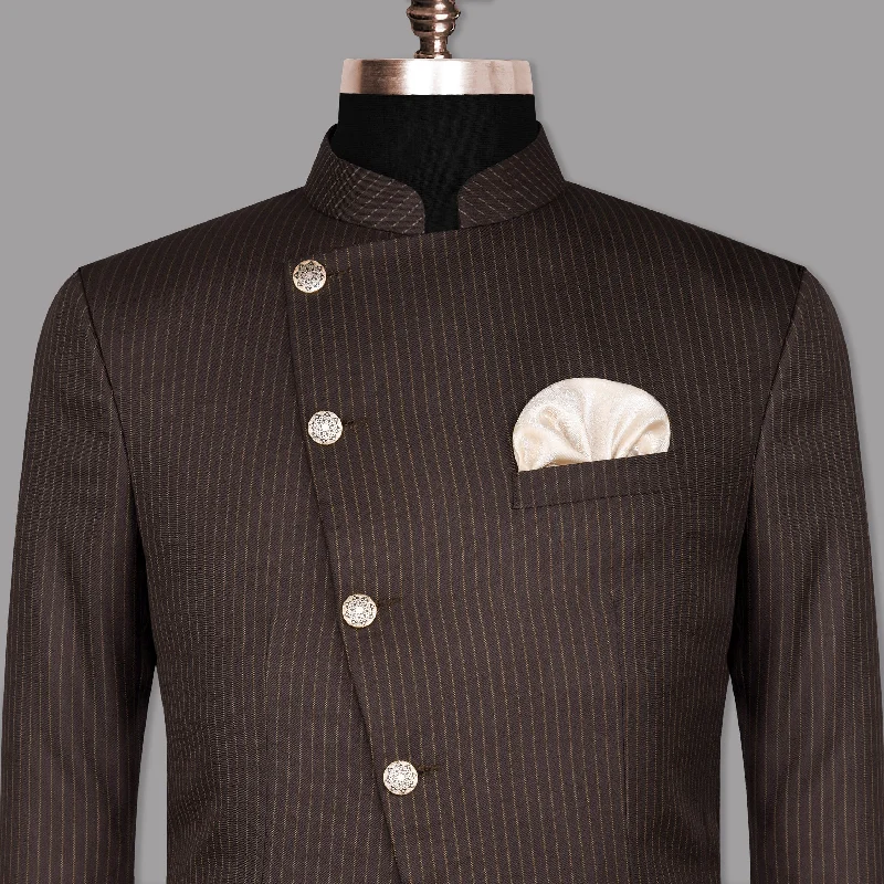 Men's tuxedo for corporate event -Crater Brown Striped Cross Placket Bandhgala/Mandarin Blazer