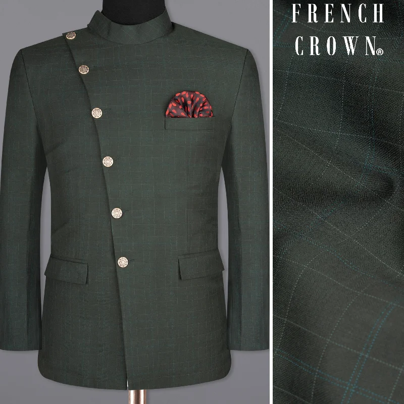 Men's slim fit wool suit -Dune Green Super fine Plaid Woolrich Cross Placket Bandhgala Blazer