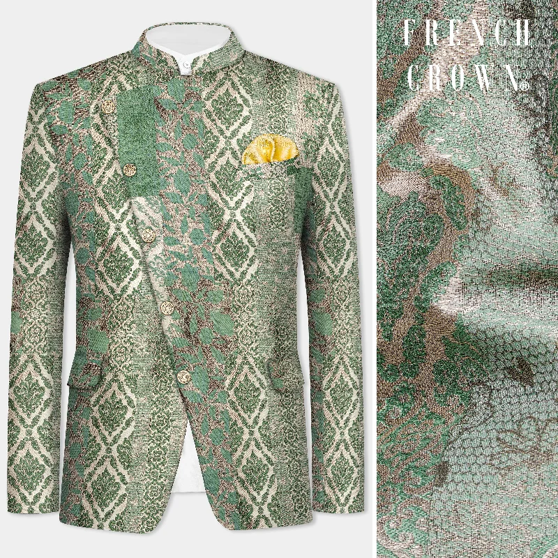 Men's wool dress suit -Envy Green and Opium Brown Jacquard Weave Cross Placket Bandhgala Jodhpuri