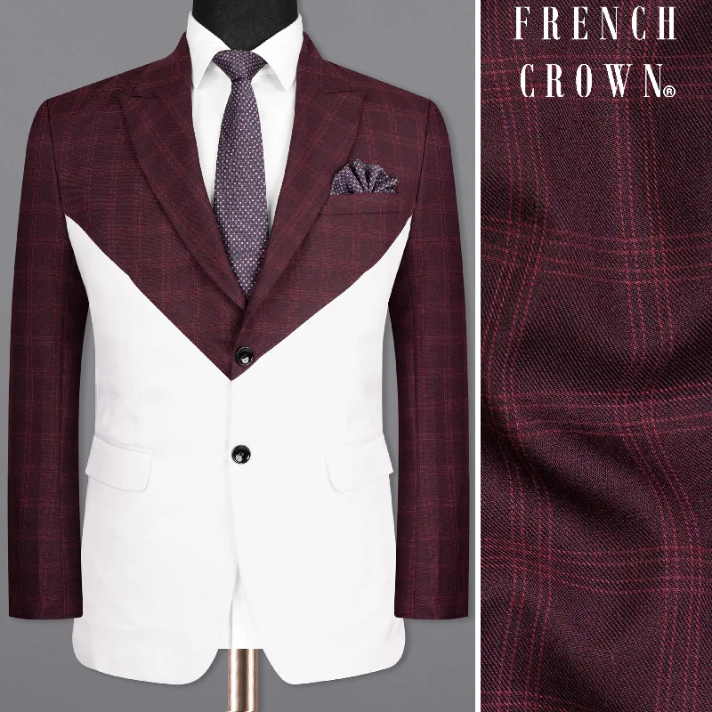 Men's modern business wedding suit -Half wine Checkered Wool Rich and Half White Premium Cotton Blazer