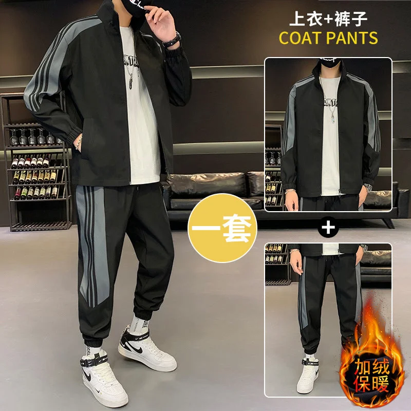 Best men's suits for formal occasions -High-quality men's fleece thickened casual sports suit autumn and winter new trendy youth jacket two-piece set