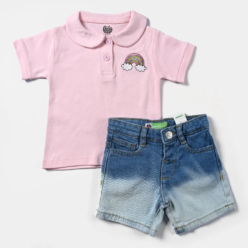 Stylish tuxedo for men's wedding -Infant Girls Denim rigid 2Piece Set Rainbow- Pink