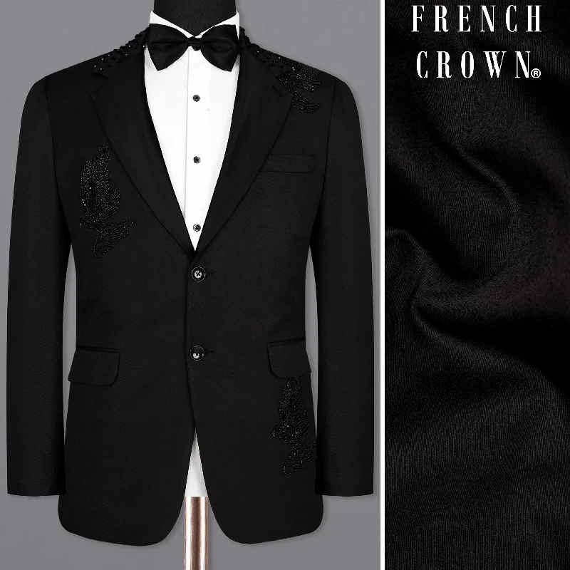 Men's high-end black suit -Jade Black Subtle Sheen Pigeon Patterned Wool Rich Tuxedo Blazer