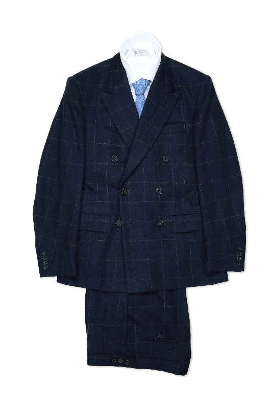 Men's checkered office suit -Kathryn Sargent Navy Windowpane Flannel Wool DB Suit Bespoke