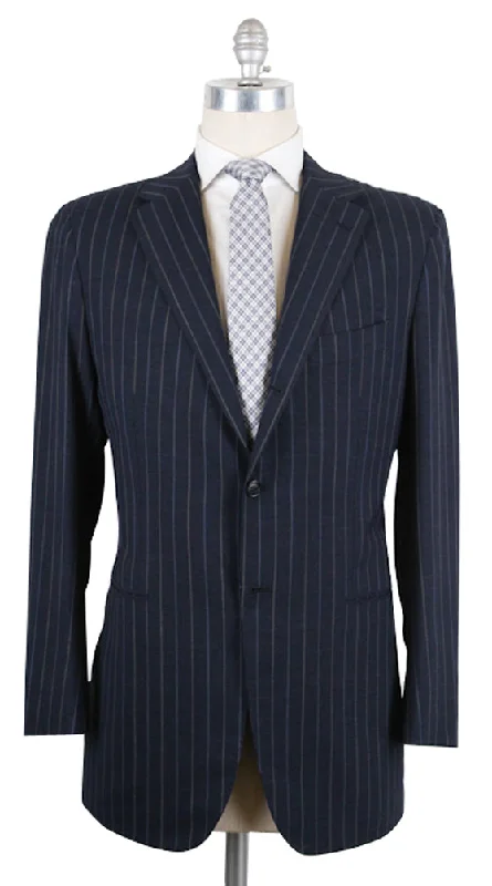 Men's business suit with pocket square -Kiton Navy Blue Suit – Size: 44 US / 54 EU