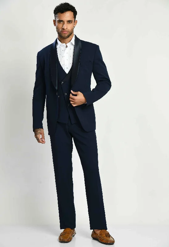 Men's premium business tuxedo -Knitted Navy Blue Self Design Suit