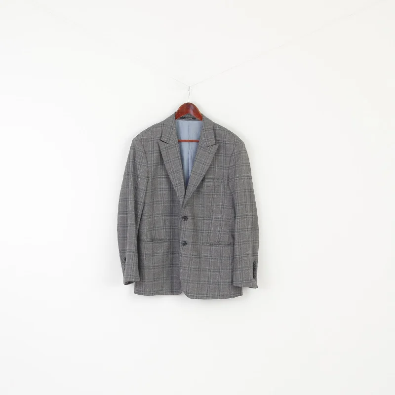 Men's formal wool tuxedo jacket -Lantier Guabello Men 42 52 Blazer Gray Check Super 130'S Vintage Jacket