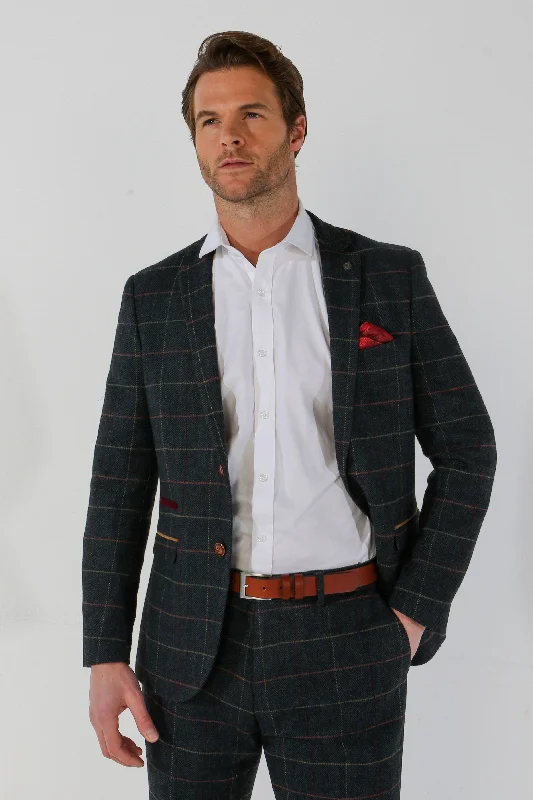 Modern business tuxedo for men -Thomas - Men's Navy Tweed Check Blazer