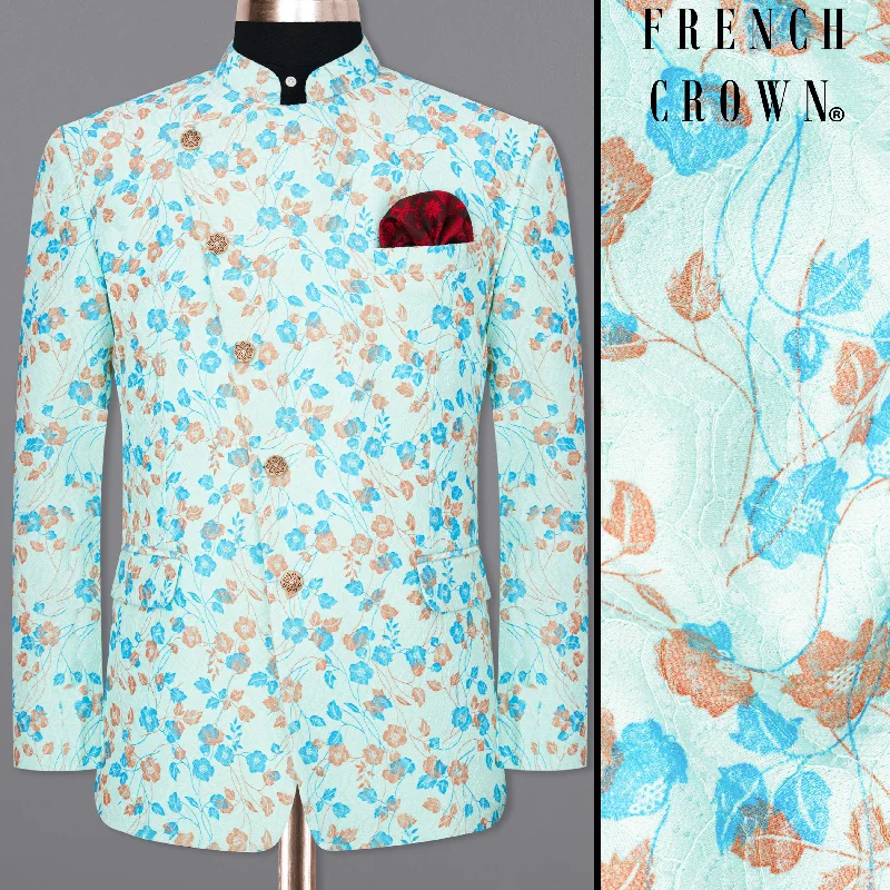 Stylish men's tuxedo suit -Mint Tulip and Tiffany Blue Floral Printed Cross Placket Bandhgala Designer Blazer